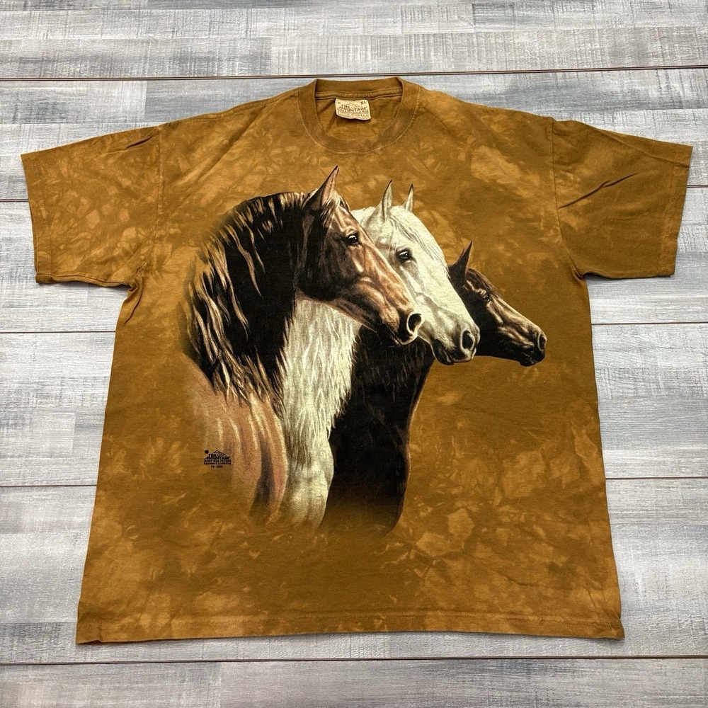 Vintage The Mountain Brown Tie-Dye 3 Horse Portrait Graphic T-Shirt Size XL 2002
